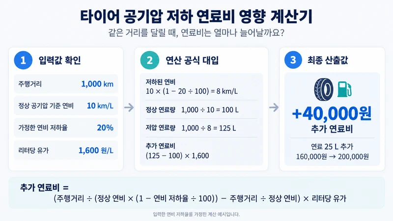 타이어 공기압 저하 연료비 영향 계산기 계산 방법 및 공식